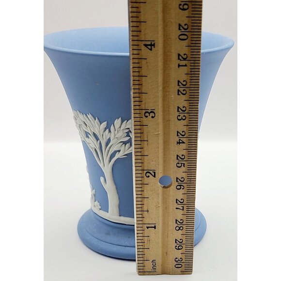 Wedgwood Blue Jasperware Trumpet Vase Cup White Muse Goddess Design 4 Inches - Picture 8 of 9